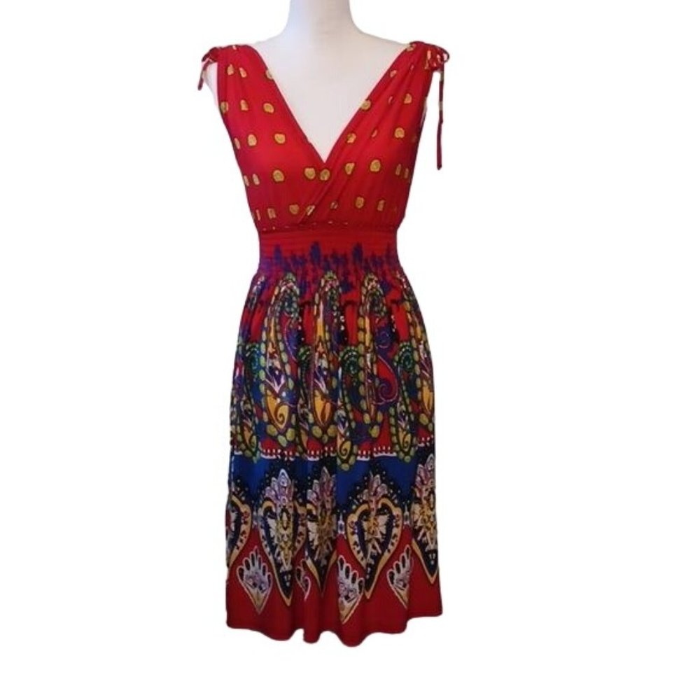 Lildy Surpliced Red Multicolor Ruched Smocked Dress, Size S/M